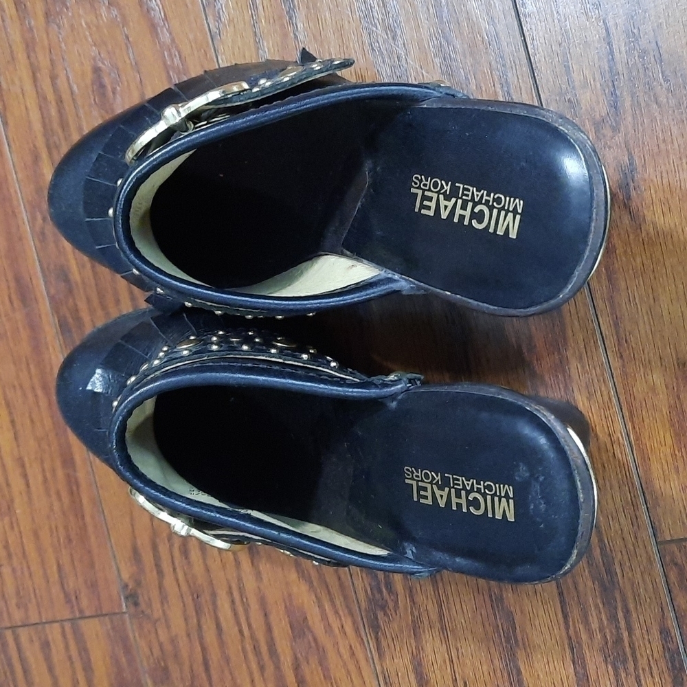 Michael Kors Black Gold Studded Fringe Heeled Mules - Picture 4 of 7